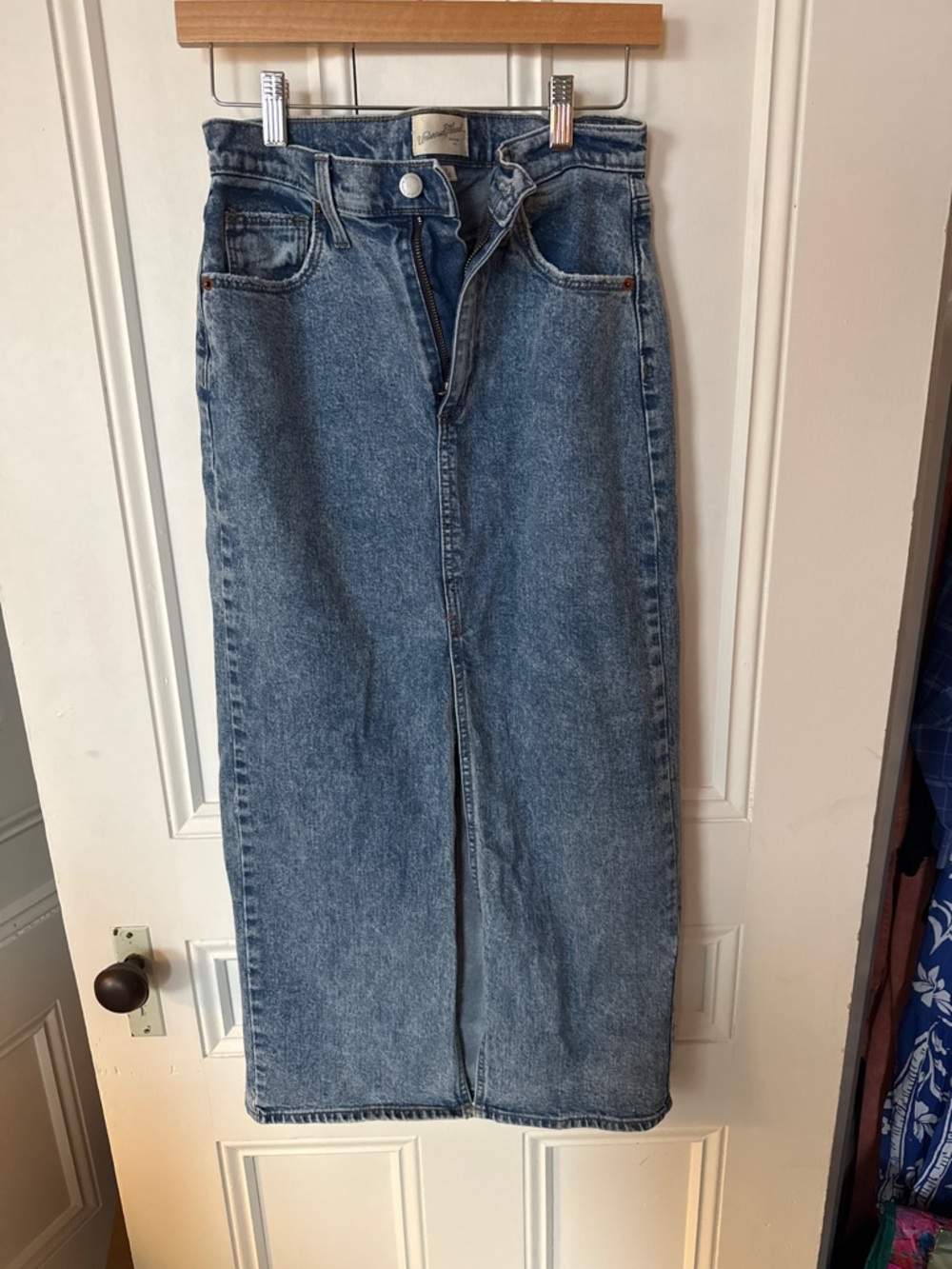 Universal Thread High-Rise Denim Midi Skirt in a Medium Wash